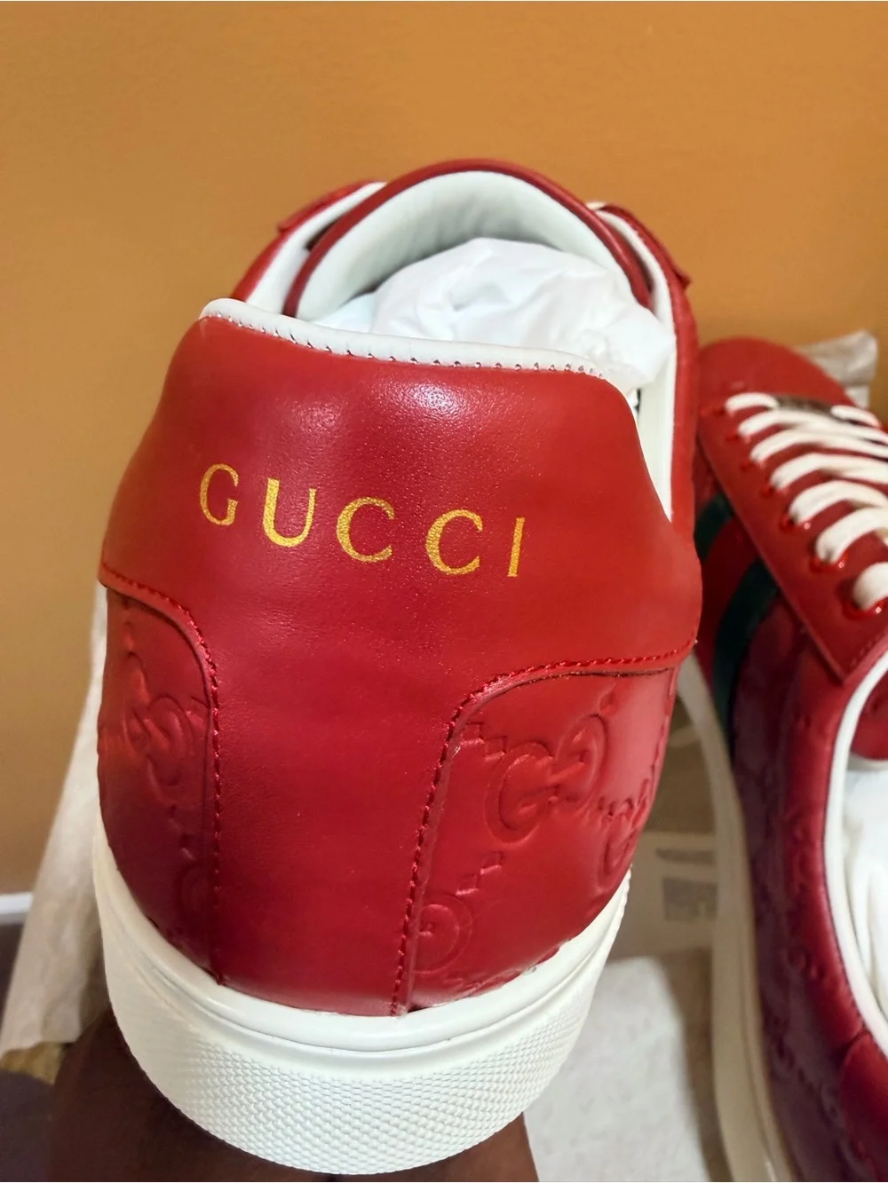Gucci Red Leather ACE Sneakers with White Laces